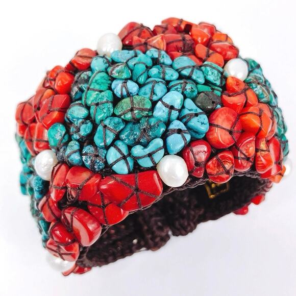 Signed SOMS TH Turquoise Coral Pearl Boho Artisan Woven Adjustable Cuff Bracelet - Picture 6 of 9